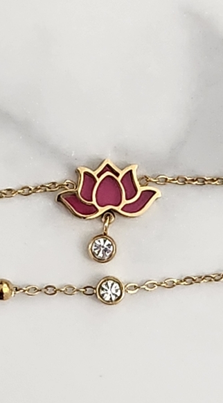 Pink Lotus Stainless Steel Double Circle Anklet With Crystal Accents - Picture 14 of 14